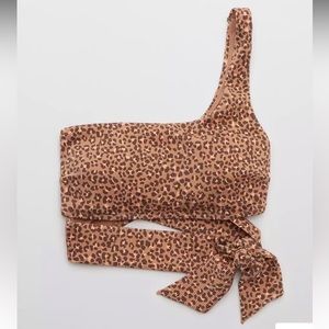 Aerie Ribbed Leopard One Shoulder Wrap Bikini Top NWT Size XS
